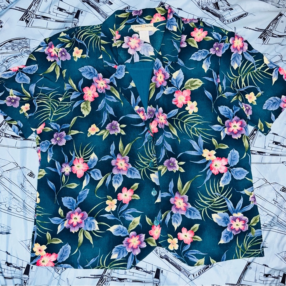 Jaclyn Smith Blue Floral Button Down Vintage Shirt - Picture 2 of 11